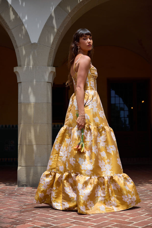 The Lucetta Dress in Gold Baroque Floral