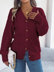 Autumn and Winter Leisure V-neck Lantern Sleeve Twist Button Knitted Cardigan Sweater Coat