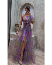 Sexy Oblique Shoulder One-Shoulder Long Sleeve Floral Yarn Dress Long Skirt High-End Large Swing Floral