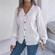 Autumn and Winter Leisure V-neck Lantern Sleeve Twist Button Knitted Cardigan Sweater Coat