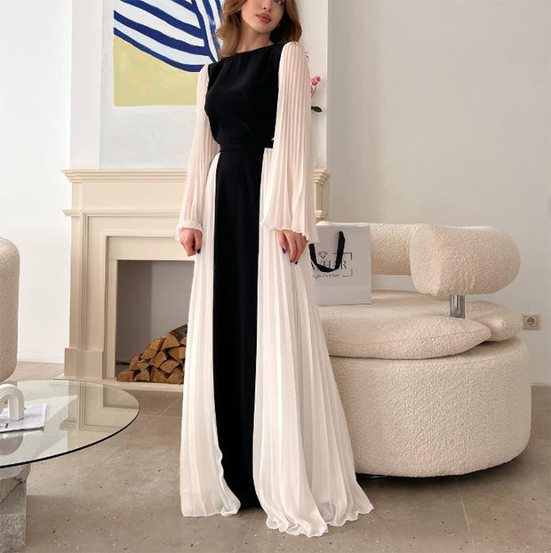 Sexy Women Clothing New round Neck Loose Long Sleeves Elegant Black and White Pleated Dress