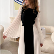 Sexy Women Clothing New round Neck Loose Long Sleeves Elegant Black and White Pleated Dress