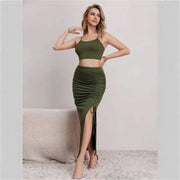 Fashion Sexy Hot Girl Exposed Navel Tee Dress Slim Fit Sleeveless Split Mid-Length Dress Set Women