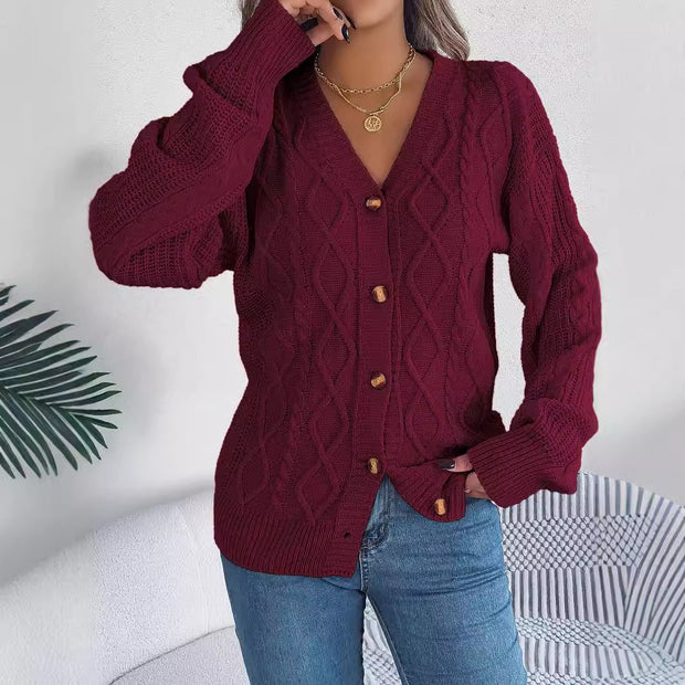 Autumn and Winter Leisure V-neck Lantern Sleeve Twist Button Knitted Cardigan Sweater Coat