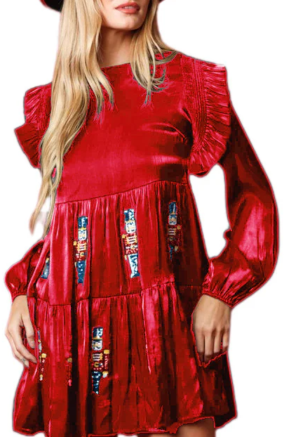 Christmas Toy Solider Satin Sequin Balloon Sleeve Dress