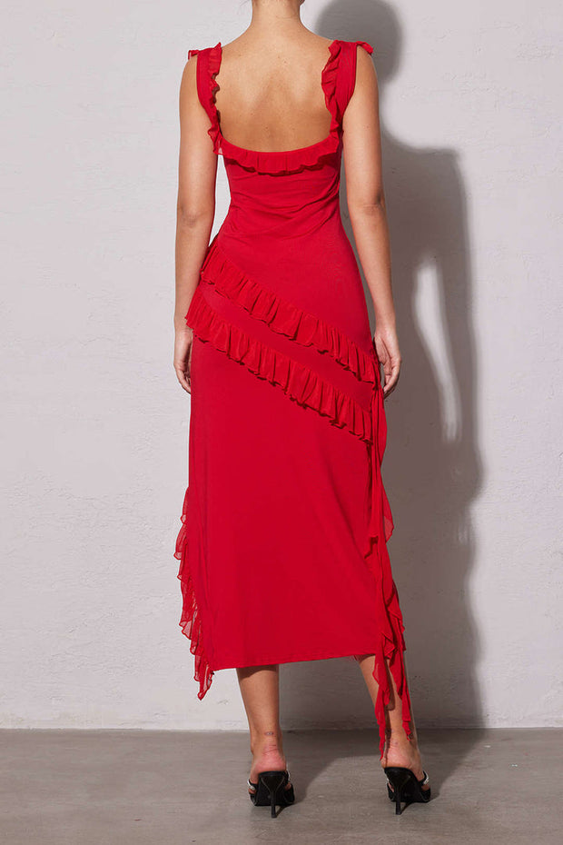 Ruffle Trim Sleeveless Square Neck Slit Maxi Dress