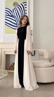 Fashionable Elegant Pleated Contrast Color Dress with Sleeves