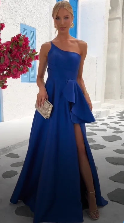 Sexy Oblique Shoulder Sleeveless Slit Waist Dress