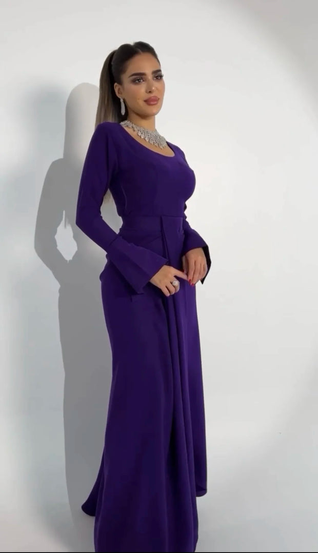 Fashion Temperament Crew Neck Solid Color Bell Sleeve Satin Maxi Dress