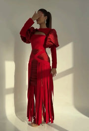 Fashion Puff Sleeve Christmas Red Irregular Swing Dress