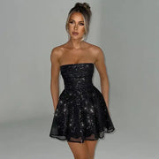 Glitter Dress Sexy off-Neck Tube Top Cinched Waist Princess Skirt Temperament