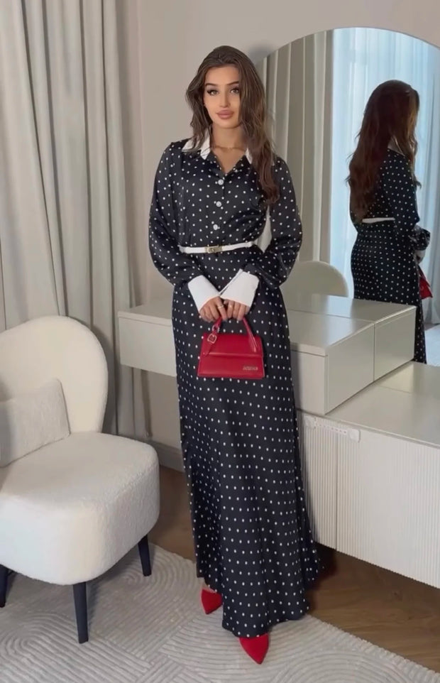 Fashion Temperament Lapel Polka Dot Contrast Color Long Sleeves Dress