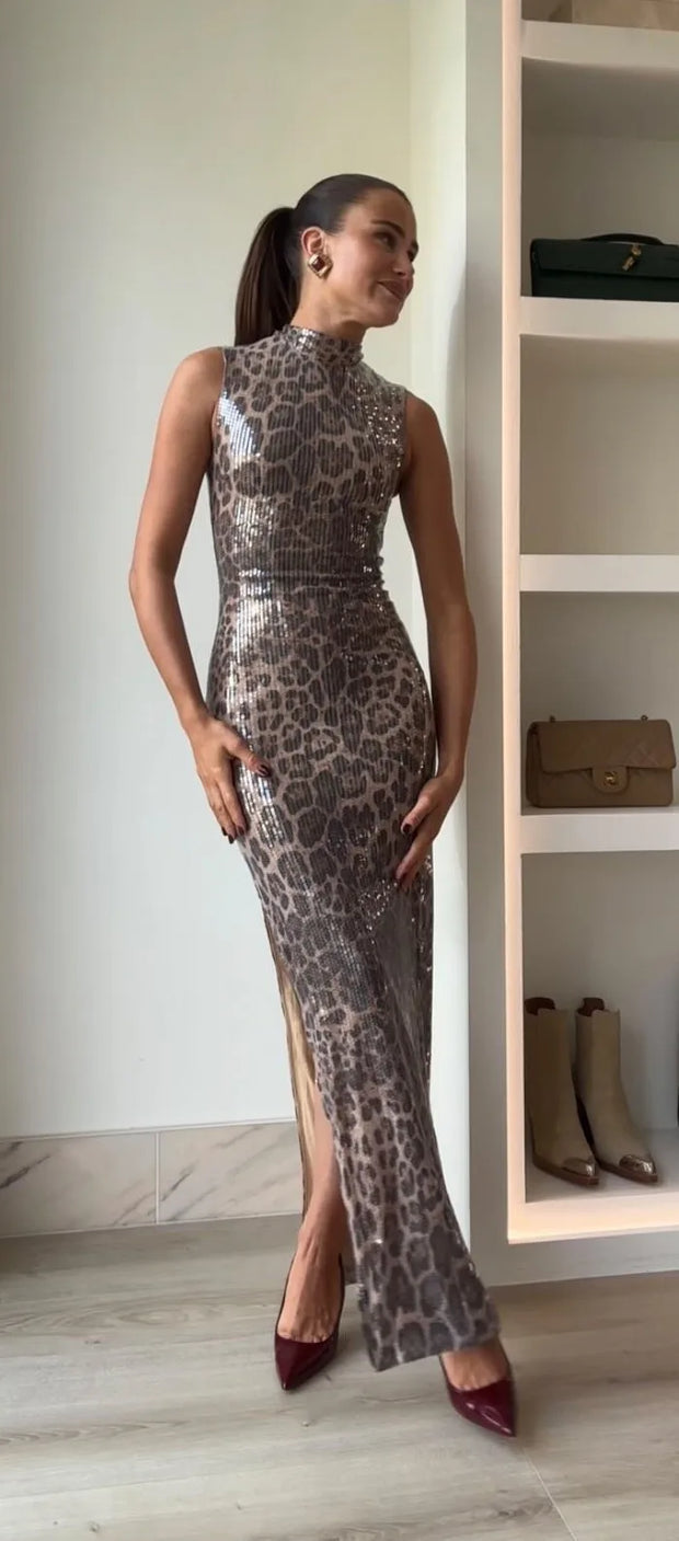 Sexy Leopard Print Sleeveless Slit Dress