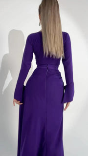 Fashion Temperament Crew Neck Solid Color Bell Sleeve Satin Maxi Dress