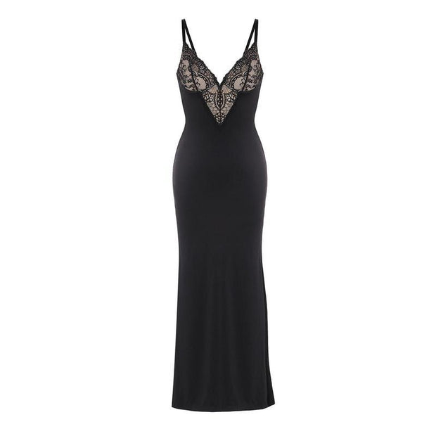 European and American sexy sling lace dress black long dress built-in shapewear