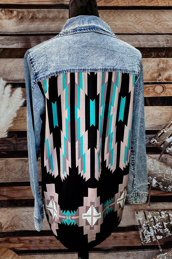 Back Aztec Print Patchwork Denim Jacket