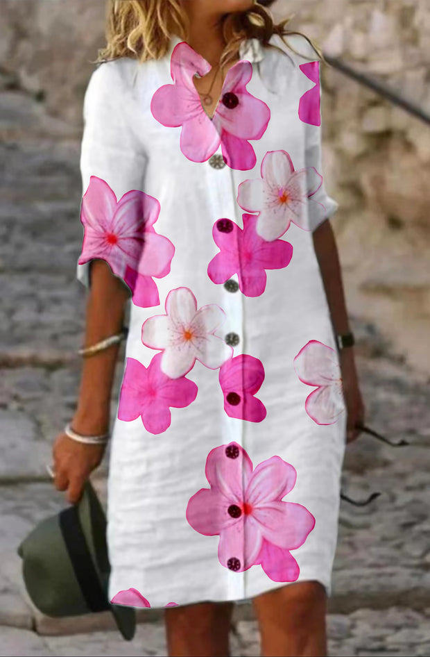 Pink Flower Plain Cotton Casual Dress