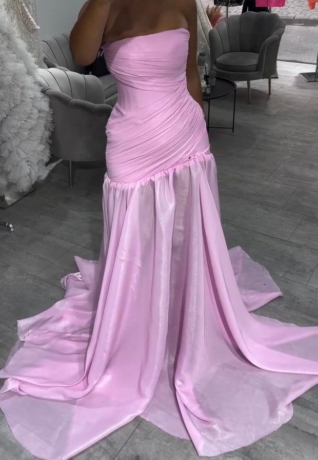 Sexy Solid Color Sleeveless Tube Top Pleated Slim Fit Slit Dress