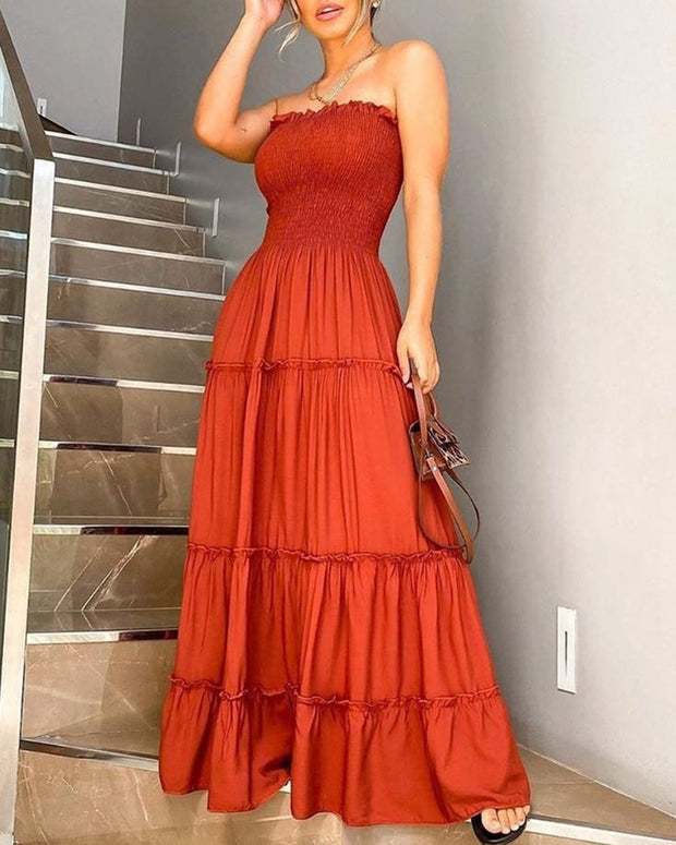 Bandeau Shirring Design Layered Ruffles Maxi Dress