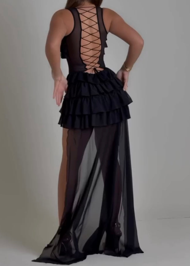 Hollow Lace Strap Tiered-Ruffle Long Dress