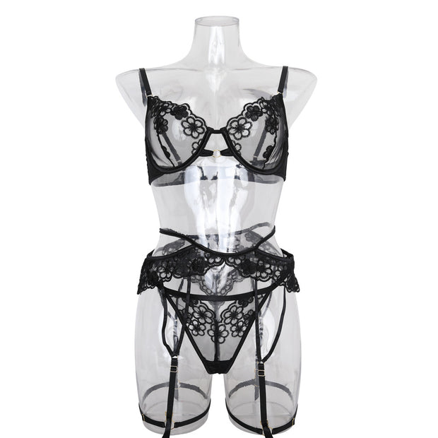 Net Yarn Flowers Embroidery Garter Four-piece Underwear Suit