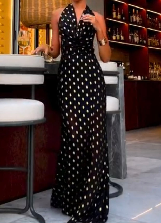 Polka Dot Printed Lace up Halter Sexy Sheath Dress