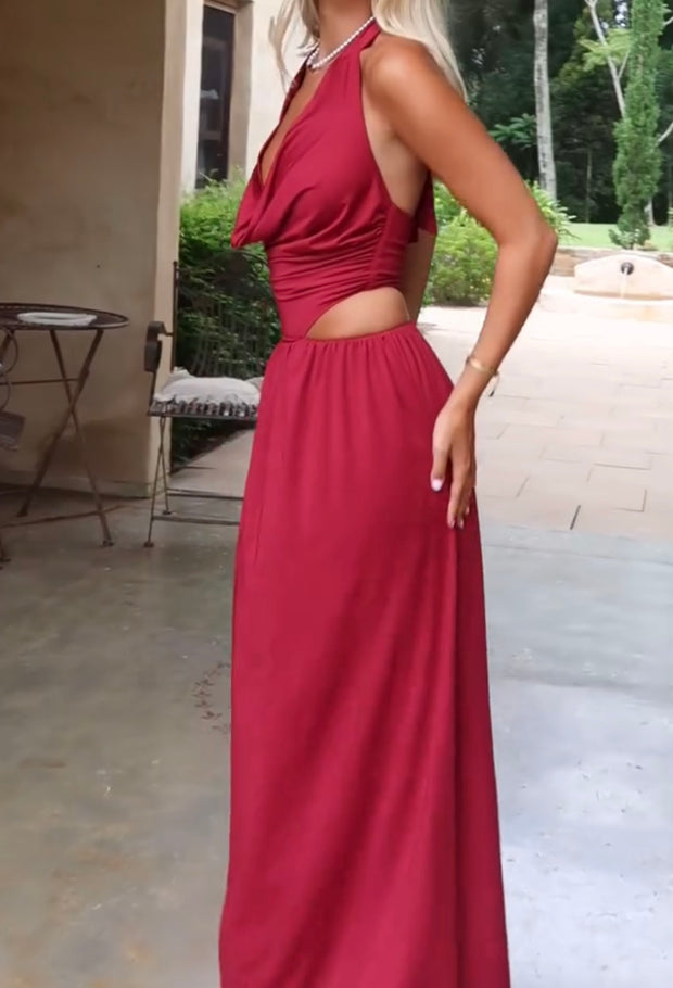 V-neck Sleeveless Solid Color Stitching Big Swing Long Dress