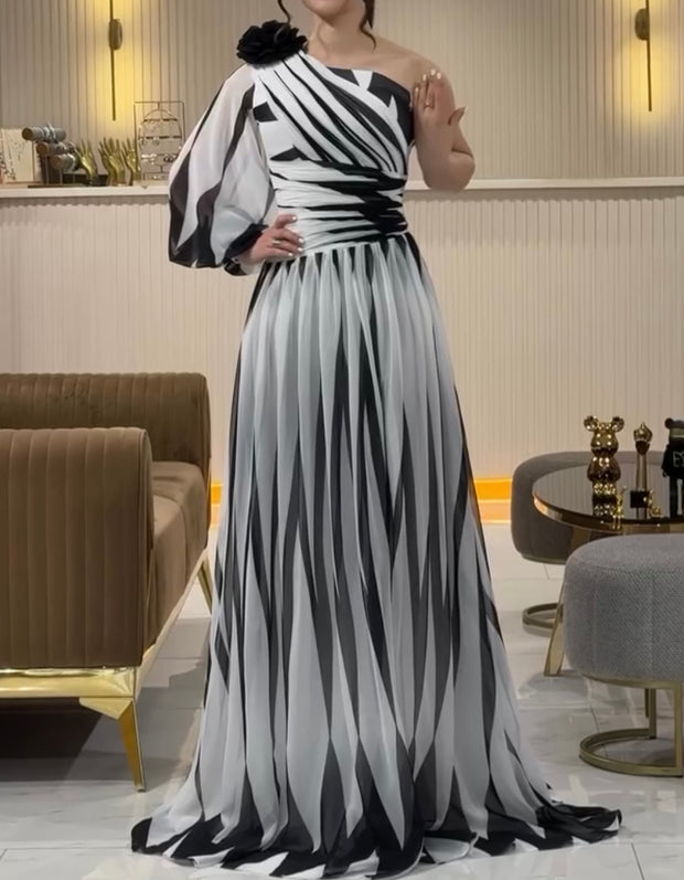 Printed Diagonal Shoulder Slit Dress