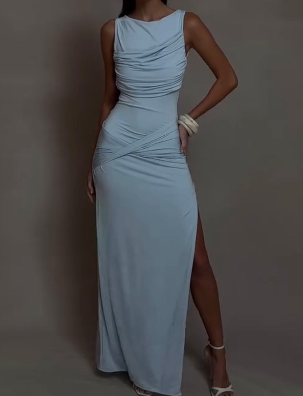 Fashion Pleated Tight round Neck Dress