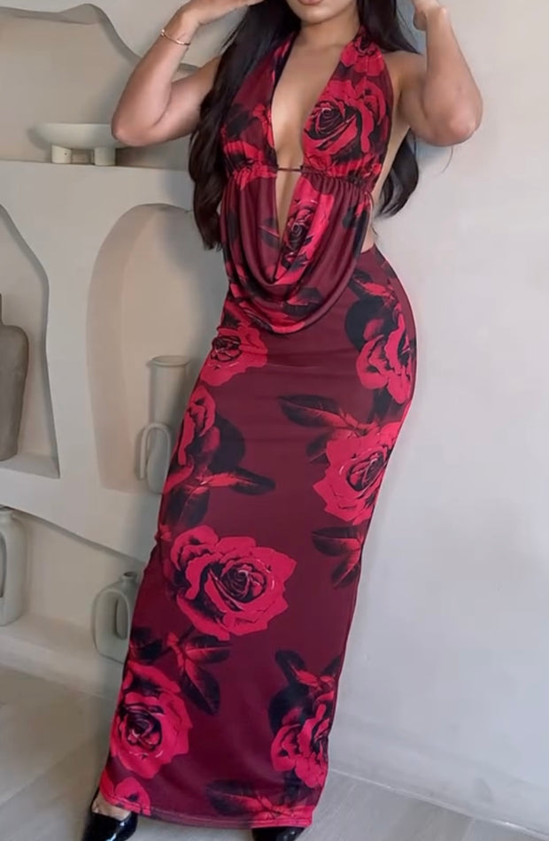 Fashion Sexy Slim Deep V-neck Hot Girl Printed Halter Dress