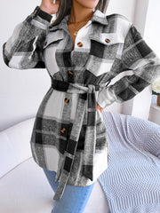 Casual Contrast Color Plaid Long Sleeve Tied Thick Woolen Coat