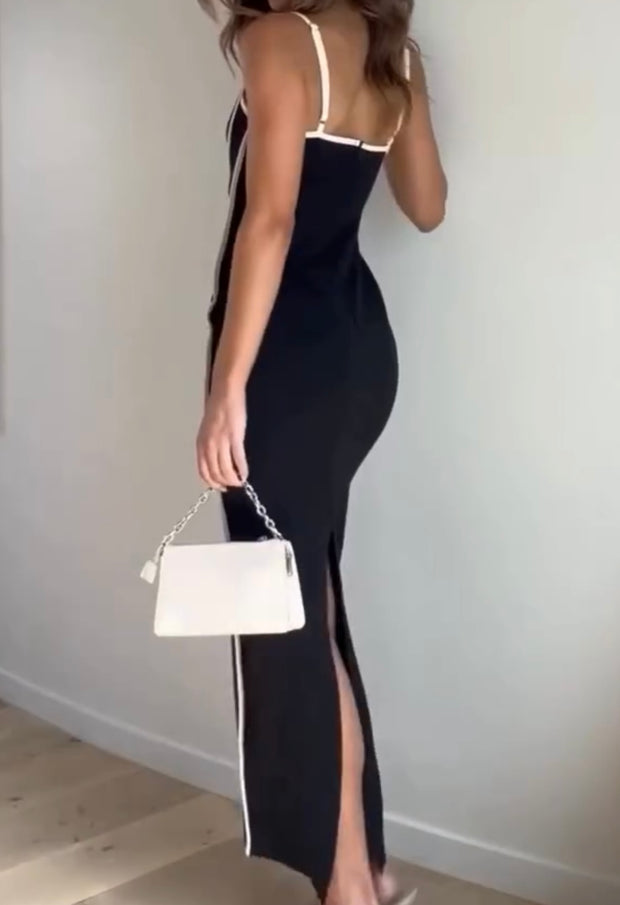 Tight Black and White Stitching Sexy Suspender Sheath Dress