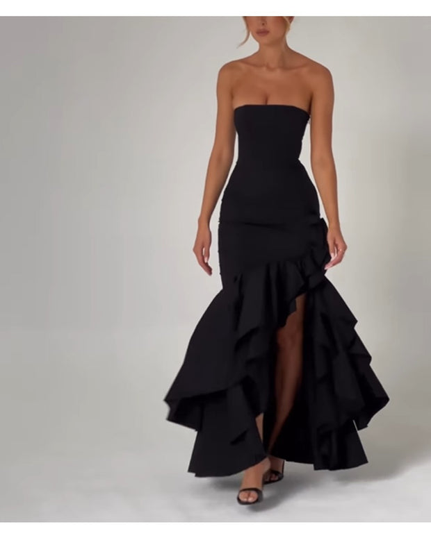 2024ss sexy strapless peplum slit dress