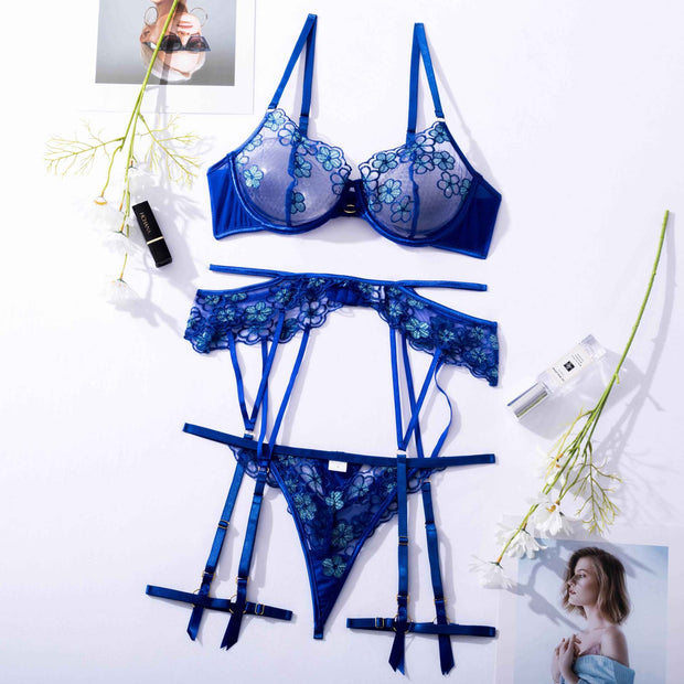 Net Yarn Flowers Embroidery Garter Four-piece Underwear Suit