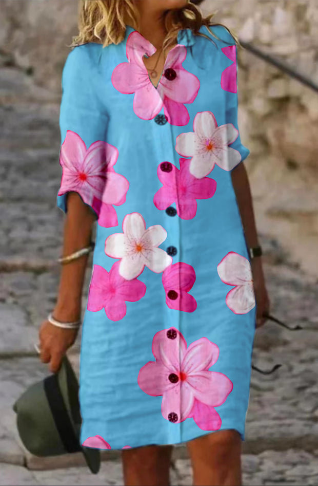 Pink Flower Plain Cotton Casual Dress