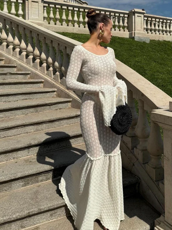 Sexy Strapless Long Sleeve Lace Stitching See-through Dress