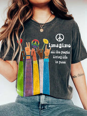 Retro Hippie Imagine All The People Living Life In Peace Print T-Shirt