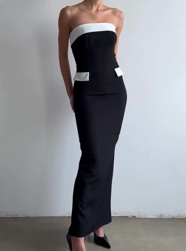 Elegant Temperament Tube Top Contrast Color High Waist Fishtail Dress