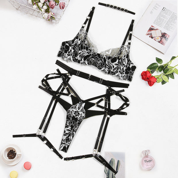 Bra Embroidered Mesh Spliced Hollow Sexy Underwear Set