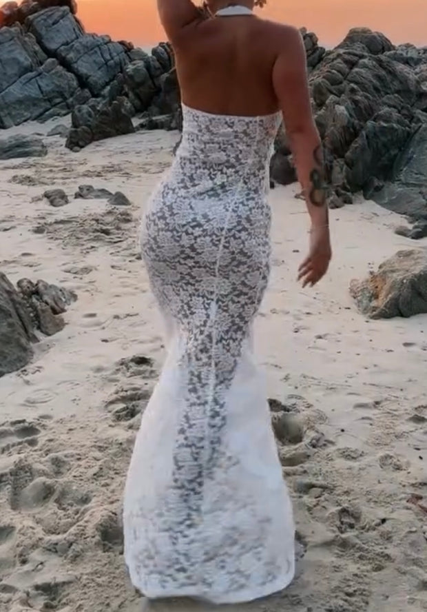 Elegant Lace Hollow-out Halter Sexy Backless Dress