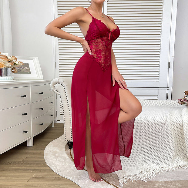 Chiffon Deep V Lace Pajamas Side Slit Suspender Skirt Extended Home Wear Nightdress