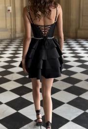Solid Color Pearl Suspender Hem Pleated Tied Dress