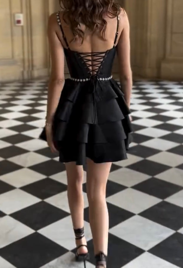 Solid Color Pearl Suspender Hem Pleated Tied Dress