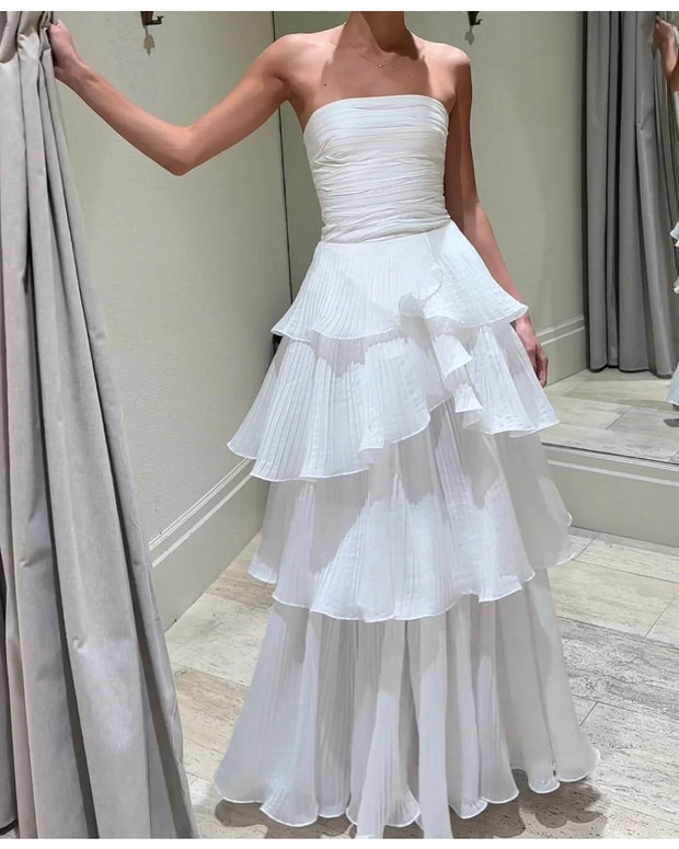 2024ss sexy strapless ruffled solid color dress