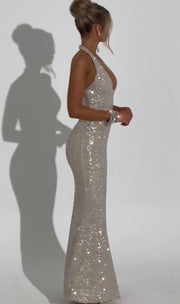 Super Shiny Rhinestone Evening Dress Low-Cut Buttock Dress