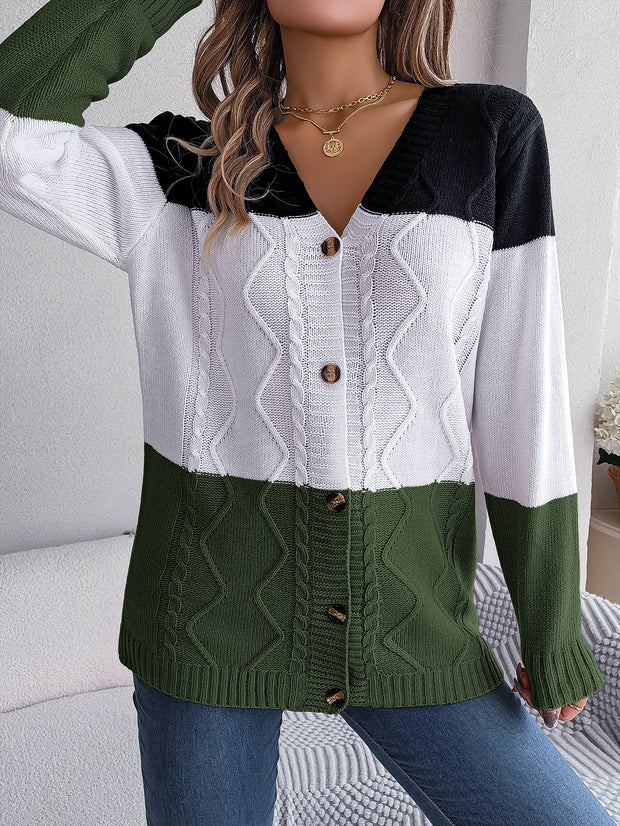 Autumn and Winter Leisure Contrast Color Button Long Sleeve Sweater Cardigan Coat