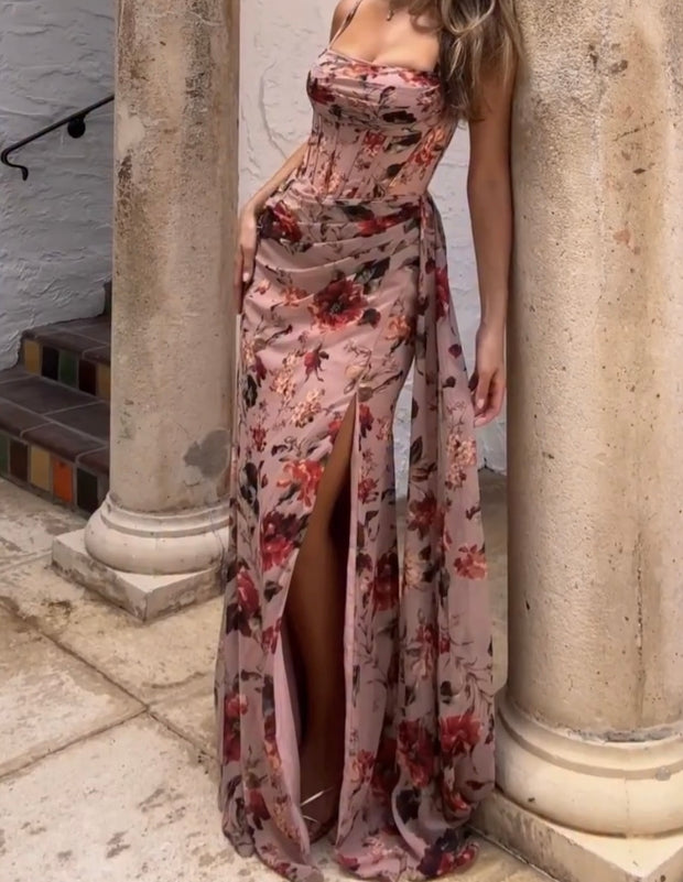Sexy Sling Fishbone Floral Print Slit Dress
