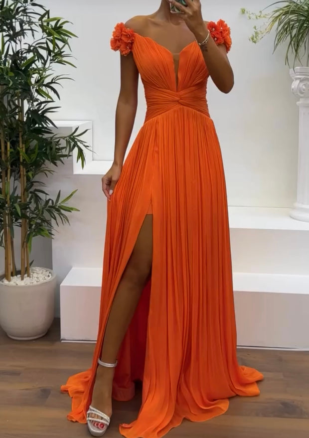 Three-Dimensional Flower Mid-Waist Solid Color Elegant Pleated Dress