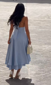 Fashion Halter Backless Pure Color Ruffles Large Swing Dress