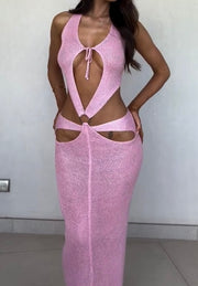 Sexy Cutout Halter Solid Color Flash Silk Dress